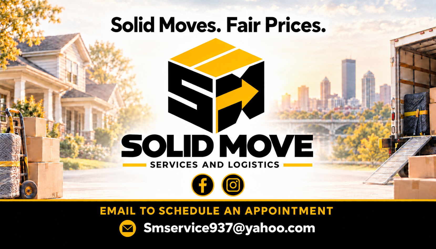 Solid Move Services and Logistics, black and yellow moving brand